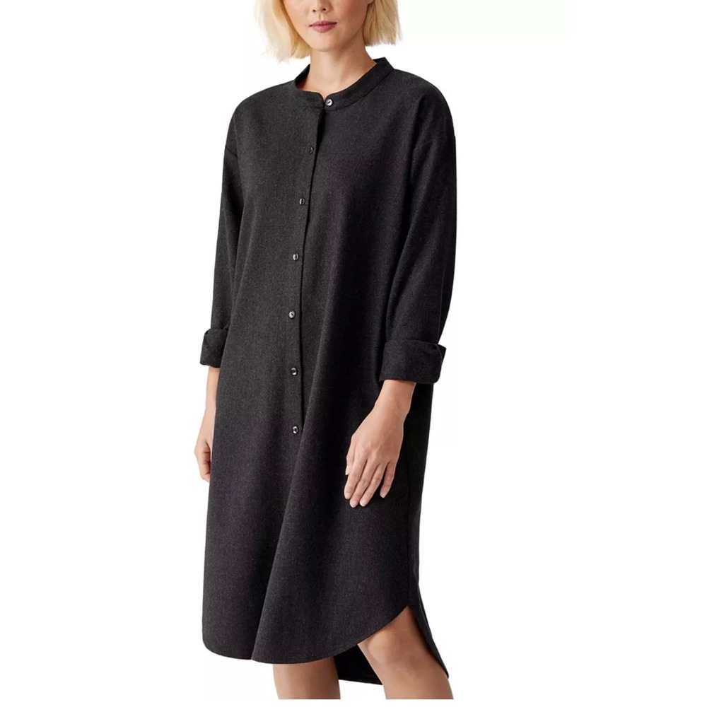 Eileen Fisher Womens 100% Wool Button‎ Front Shirt Dress Charcoal Grey Large L/G